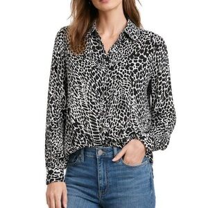 FRAME Women's Silk Striped Button-Down Shirt XS Black White Covered Buttons